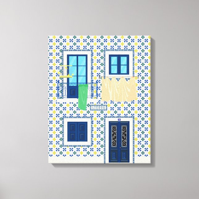 Impressão Em Tela Casa portuguesa Lisboa com azulejos e aves (Frente)