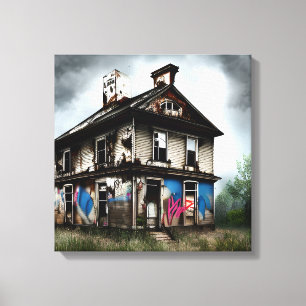 Impressão Em Tela Casa Velha Abandonada com Grafite de Spray