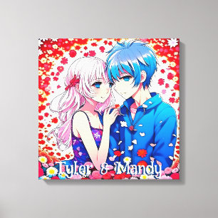 Impressão Em Tela Casal Anime, Flores Personalizadas