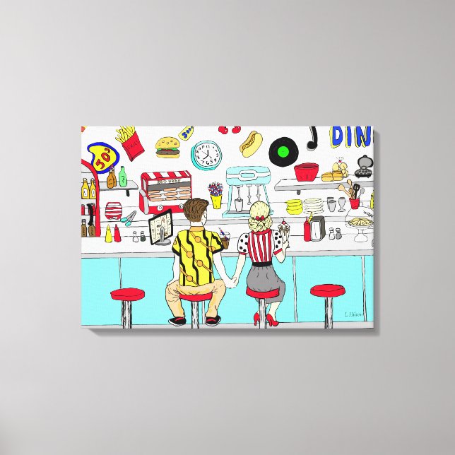 Impressão Em Tela casal de 1950 segurando mãos no jantar (Frente)