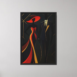 Impressão Em Tela Casal Elegante em Arte Vermelha e Dourada