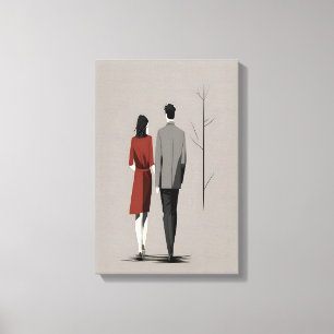 Impressão Em Tela Casal Minimalista Andando Junto com Arte Moderna d