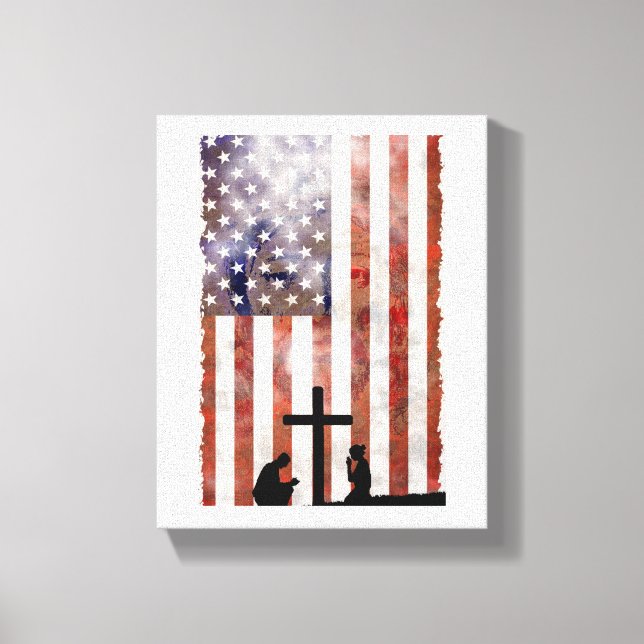 Impressão Em Tela Casal Rezando na Cruz. Bandeira, Jesus Fundo (Frente)