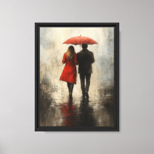 Impressão Em Tela Casal Romântico na Chuva com Guarda-Chuva Vermelho