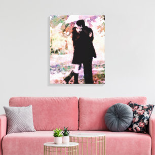 Impressão Em Tela Casal Romântico no Amor Beijando na Chuva