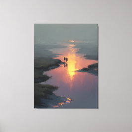 Impressão Em Tela Casal Silhueta Reflexo do Pôr do Sol na Correnteza