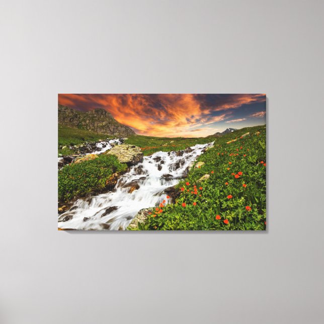 Impressão Em Tela Cascata nas montanhas com flores (Frente)