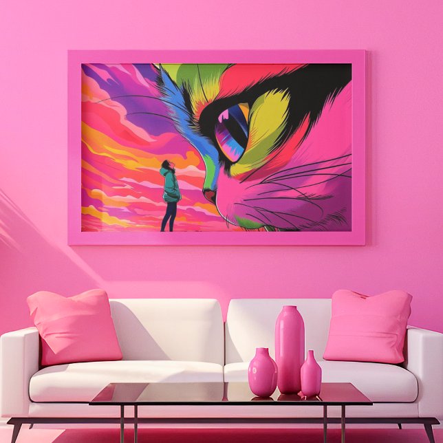 Impressão Em Tela Cat Cosmic Gaze: Um Encontro de Mundos (Ginormous Cat Looking at Human - Psychedelic Art
)