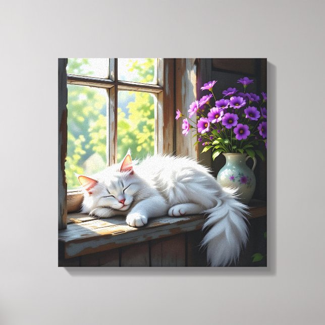 Impressão Em Tela Cat Napping on the Window Sill | Purple Flowers (Frente)