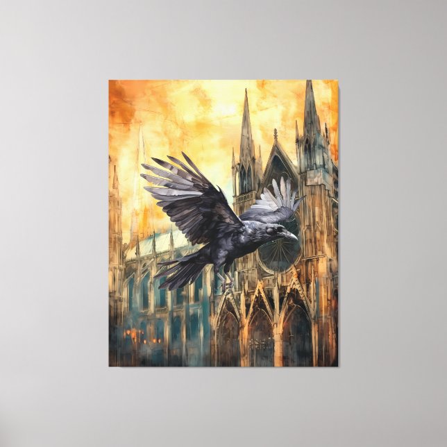 Impressão Em Tela Catedral Gótica Medieval e Raven Voadora (Frente)