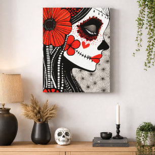 Impressão Em Tela Catrina do Dia dos Mortos Vermelha Floral Gótico P