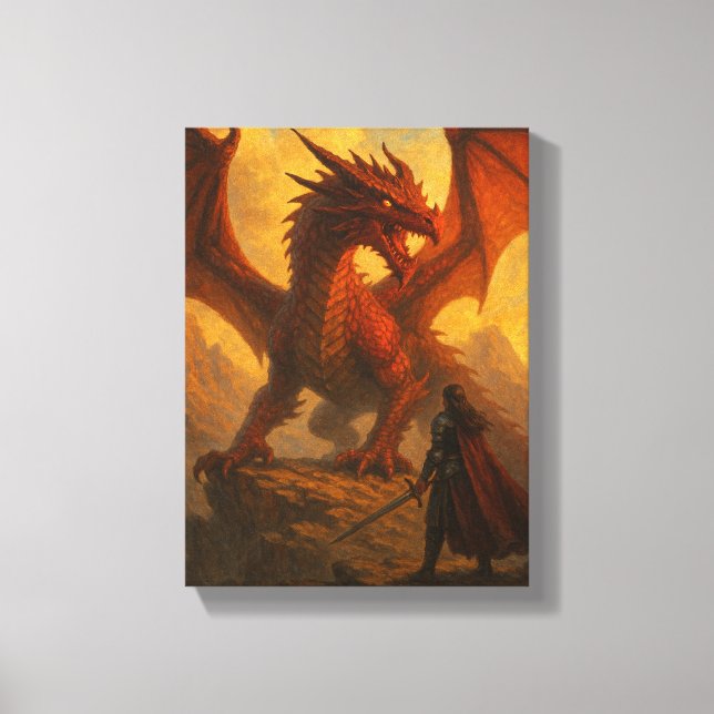 Impressão Em Tela Cavaleiro Enfrentando Dragão Vermelho em Fiery Mou (Frente)