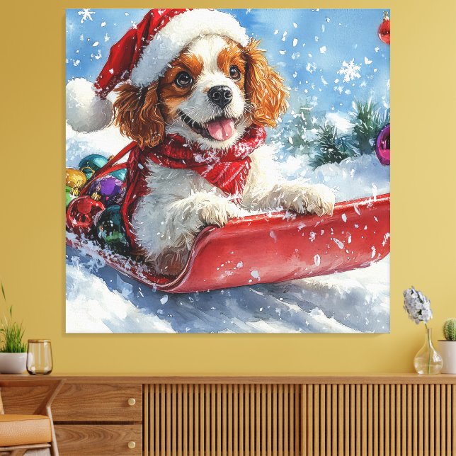 Impressão Em Tela Cavalier King Charles Spaniel Dog Sledge Natal (Insitu(Sala de estar))
