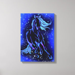 Impressão Em Tela Cavalo Azul Neon Correndo À Lua À Noite Estrelad