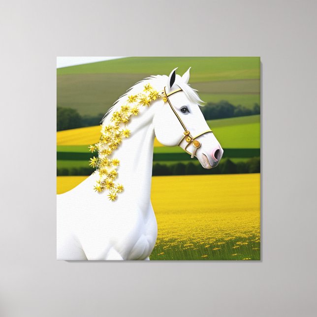 Impressão Em Tela Cavalo Branco Com Garland Floral (Frente)