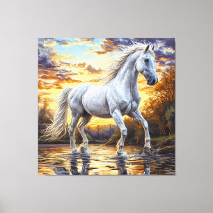 Impressão Em Tela Cavalo Branco Majestoso Galopando Através da Água