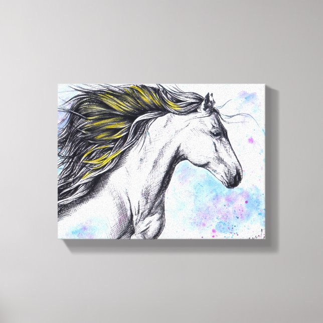 Impressão Em Tela Cavalo Correndo Aquarela e Arte Equina a Tinta (Frente)