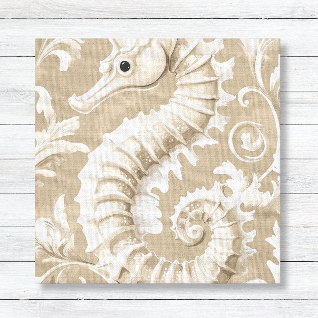 Impressão Em Tela Cavalo-de-coleira e floresce na costa (Taupe and White Seahorse and Flourishes Coastal Beach House Art - Bathroom Decor)