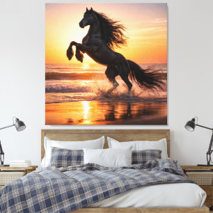 Impressão Em Tela Cavalo Frísio Preto Majestoso Pôr do Sol Oceano 