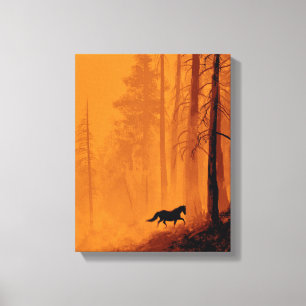 Impressão Em Tela Cavalo Galopante Laranja Fogo Floresta Arte