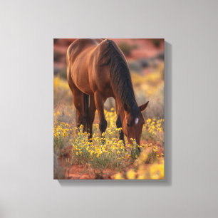 Impressão Em Tela Cavalo Marrom Flor Selvagem Amarela Arte do Desert