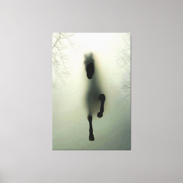 Impressão Em Tela Cavalo negro correndo em floresta nebulosa (Frente)