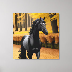Impressão Em Tela Cavalo Preto em uma Caminho Cénico de Floresta de