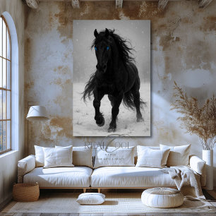 Impressão Em Tela Cavalo Preto Garanhão na Neve Arte Ocidental de Ca