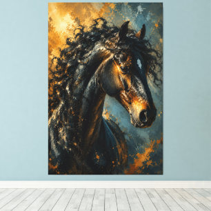 Impressão Em Tela Cavalo Preto Majestoso com Crina Ondulada Impressã