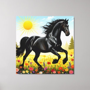 Impressão Em Tela Cavalo Preto Majestoso Correndo