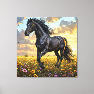 Impressão Em Tela Cavalo Preto Majestoso Galopando Através de um F V