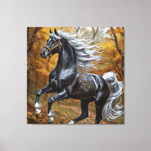 Impressão Em Tela Cavalo Preto Majestoso numa Floresta de Outono