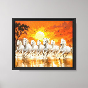 Impressão Em Tela Cavalos Brancos Majestosos no Nascer do Sol Dourad