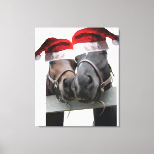 Impressão Em Tela Cavalos de Natal vestindo chapéus de Papai Noel