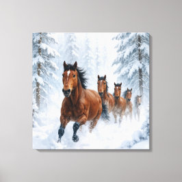 Impressão Em Tela Cavalos Selvagens Correndo por uma Floresta Nevada