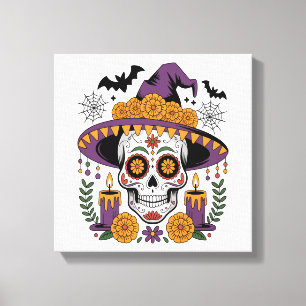 Impressão Em Tela Caveira com Chapéu de Bruxa Vetor de Halloween