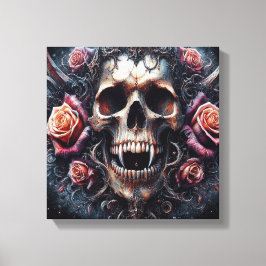 Impressão Em Tela Caveira Gótica Adornada com Rosas