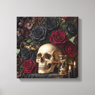 Impressão Em Tela Caveira Gótica Rosas Pretas Halloween Vitoriano So