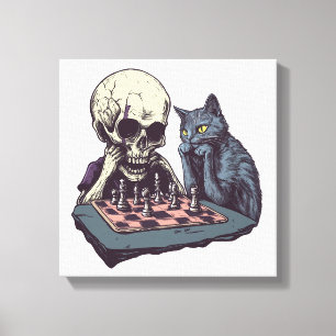 Impressão Em Tela Caveira vs Gato � Batalha Divertida de Xadrez