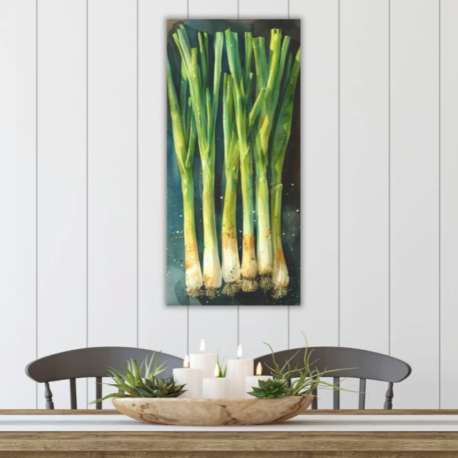 Impressão Em Tela Cebolas verdes Aquarela Arte Culinária Vertical (Printed Canvas Sleek Vertical Watercolor of Green Onions for Kitchen Dining Farm to Table)
