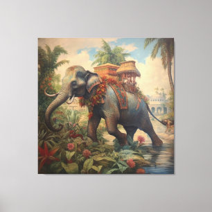 Impressão Em Tela Cena botânica vintage de elefante com howdah