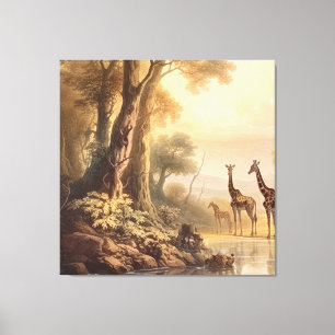 Impressão Em Tela Cena botânica vintage de girafas junto ao rio