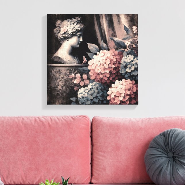 Impressão Em Tela Cena Clássica com estátua de gipsum e hydrangea (Insitu(Sala de estar))