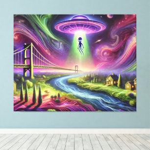 Impressão Em Tela Cena Colorida de Abdução por OVNI Alien e Céu Cósm