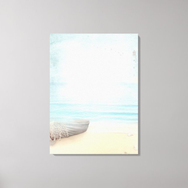 Impressão Em Tela Cena Costeira de Praia com Barco de Pesca (Frente)