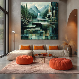 Impressão Em Tela Cena de Montanha Geométrica com Cachoeira e Lago
