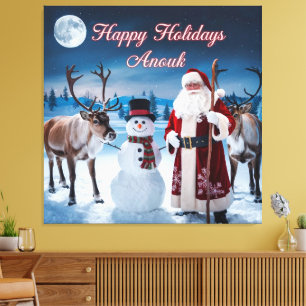 Impressão Em Tela Cena de Natal Clássica com Papais noeis, Snowman