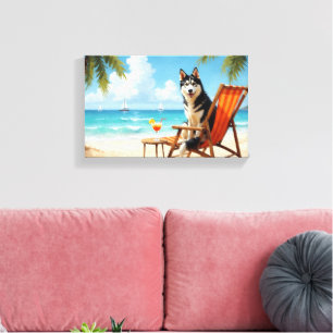 Impressão Em Tela Cena de Praia com Malamute do Alasca