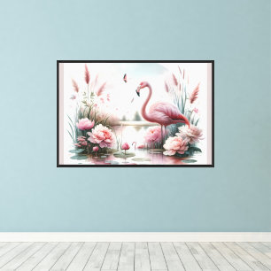 Impressão Em Tela Cena Floral de Flamingo em Lagoa Pastel