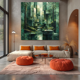 Impressão Em Tela Cena Florestal Geométrica em Tons de Verde Abstrat
